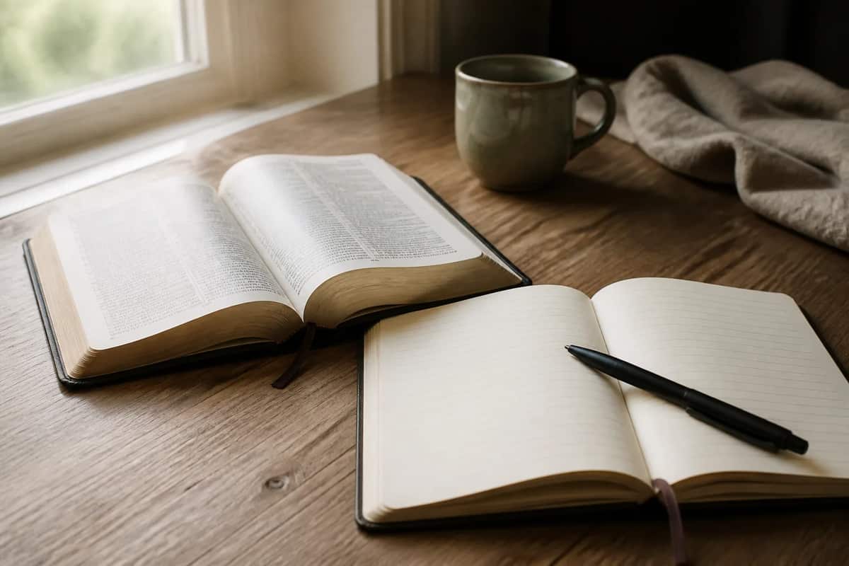 An open Bible beside a prayer journal and pen
